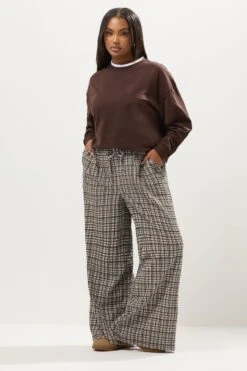 YOURS Curve Pantalon Large à Carreaux Marron Naturel