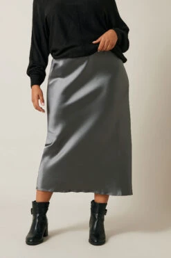 EVANS Curve Grey Satin Slip-On Midi Skirt