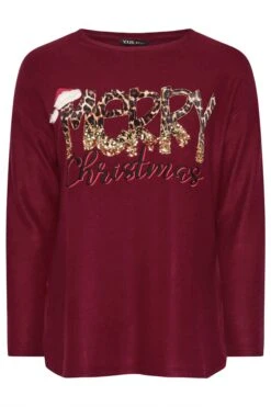 YOURS - Sweatshirt Bordeaux Brodé 'Merry Christmas' Sequins Léopard -Evans Boutique 55b2de55 81eb 44 303822 X