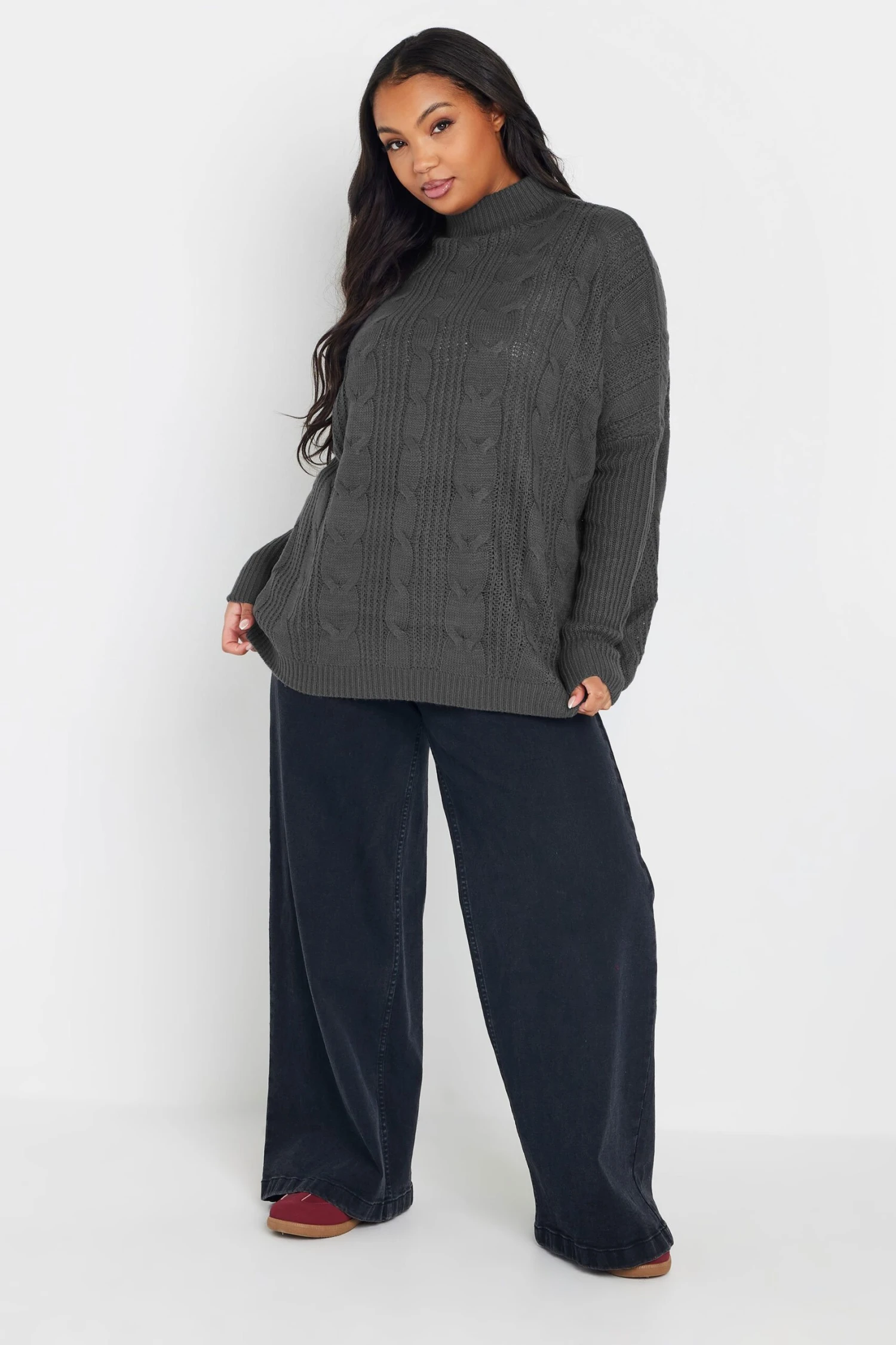 YOURS - Pull Gris Charbonneux Oversize En Maille Tressée 5 YOURS - Pull Gris Charbonneux Oversize En Maille Tressée – Image 3