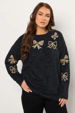 EVANS Curve Black Sequin Bow Fluffy Knitted Jumper