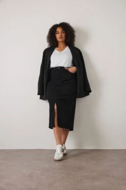 EVANS Curve Black Split Hem Denim Midi Skirt