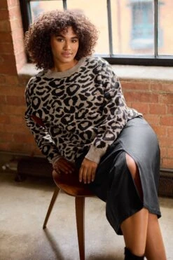EVANS Curve Brown Leopard Print Knitted Jumper