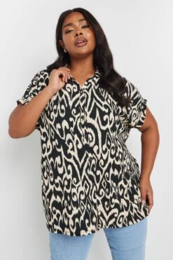 YOURS - Chemisier Plissé Noir & Crème Design Abstrait