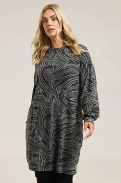 YOURS Curve Robe Pull Noire à Imprimé Tourbillon Abstrait Doux Au Toucher