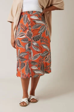 EVANS Curve Rust Orange Leaf Print Linen Midi Skirt -Evans Boutique 5aa18ccc 1dfe 4e 615495 A