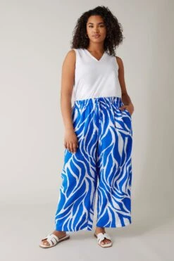 EVANS - Pantalon Wide Leg Bleu & Blanc Abstrait