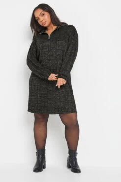 YOURS Curve Robe Pull Noire Métallisée à Col Zippé