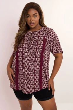 YOURS Curve Chemisier à Plis à Imprimé Floral Rose Foncé