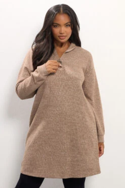YOURS Curve Robe Pull Côtelée Marron Naturel à Fermeture éclair Quart De Tour