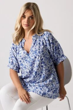 YOURS Curve Chemisier à Col Cranté Et Volants Fleuris Bleu Cobalt