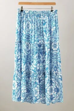 EVANS Curve Blue Tile Print Tiered Maxi Skirt 14 EVANS Curve Blue Tile Print Tiered Maxi Skirt -Evans Boutique 63329665 498e 49 615380 P
