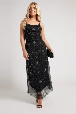 LUXE Robe Longue Noire à Fleurs Et Ornements Faits à La Main