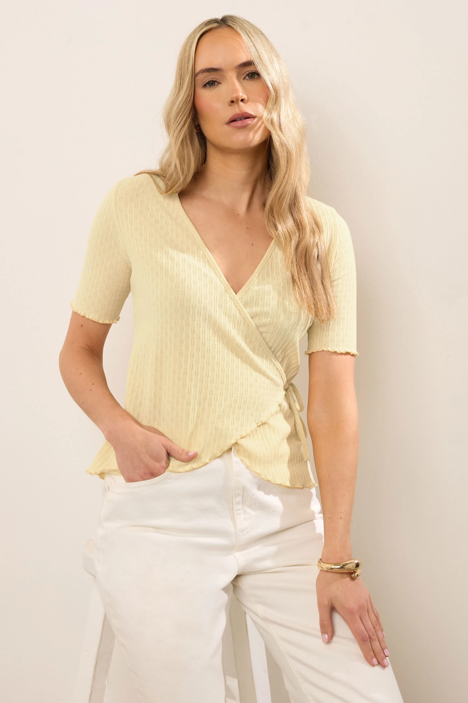 LTS Tall Yellow Pointelle Knit Wrap Top 3 LTS Tall Yellow Pointelle Knit Wrap Top