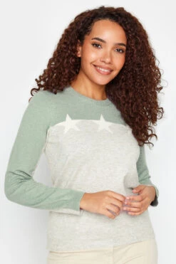 M&Co Grey & Green Contrast Sleeve Star Print Jumper
