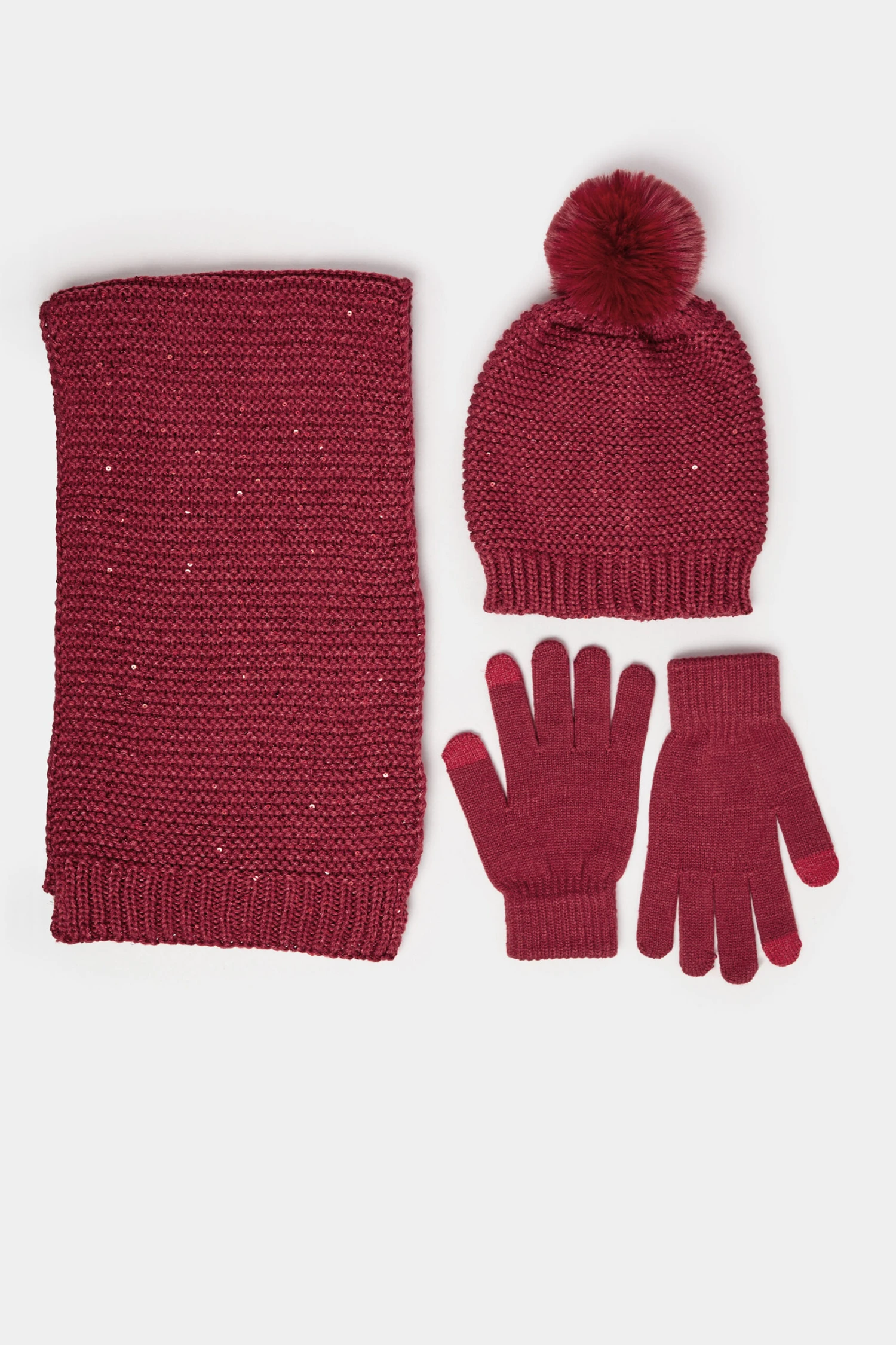Ensemble Bonnet, Gants Et écharpe Tricotés à Paillettes Rouges 4 Ensemble Bonnet, Gants Et écharpe Tricotés à Paillettes Rouges – Image 2