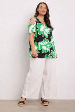 EVANS Curve Green Abstract Floral Cold Shoulder Top -Evans Boutique 673bacc1 f40a 41 615404 B