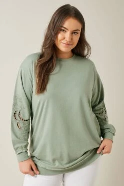 EVANS Curve Sage Green Cutwork Crew Neck Sweatshirt
