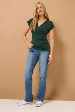 LTS Tall Dark Green Grown Sleeve Wrap Top -Evans Boutique 69688912 6ba4 4e 355933 B