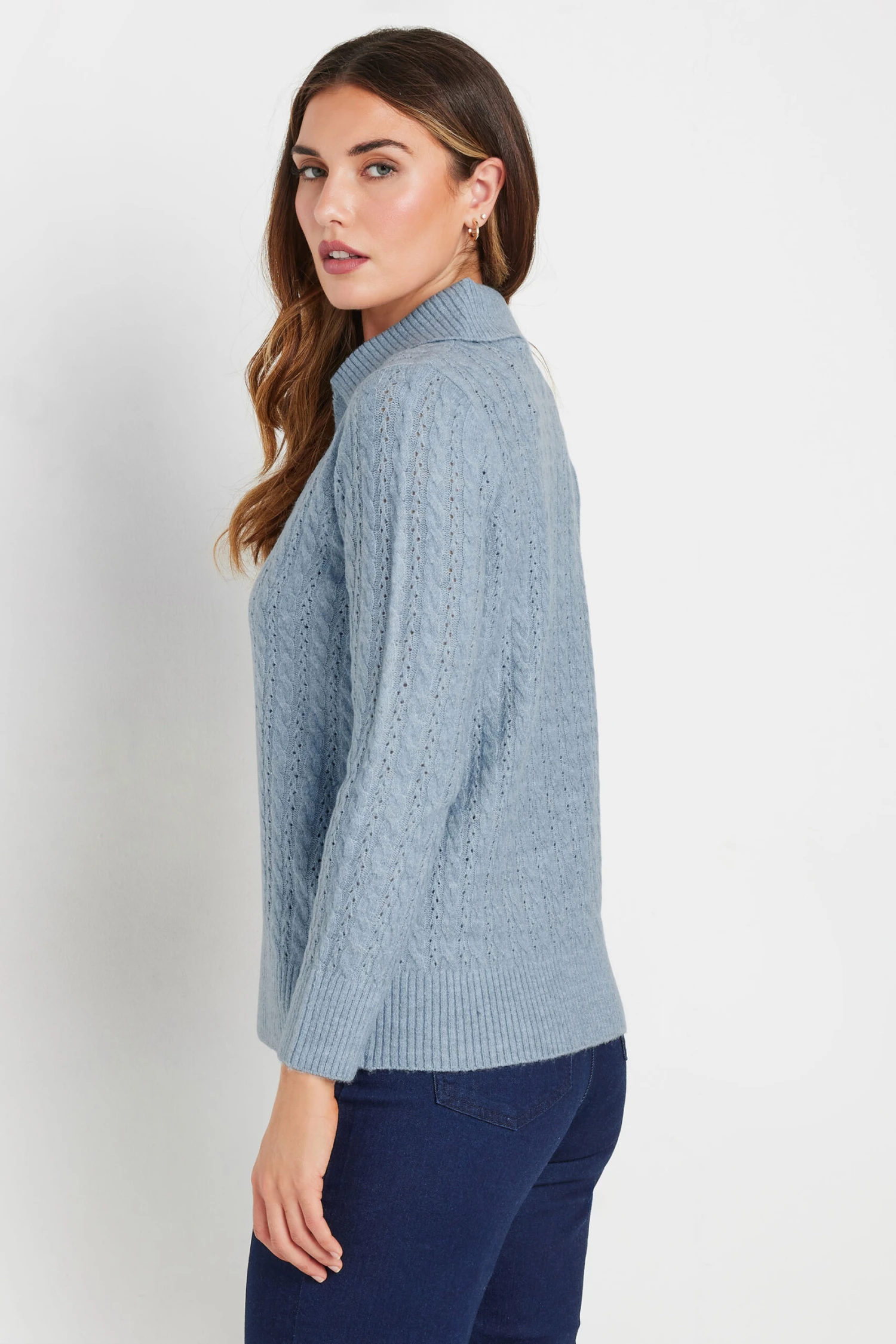 LTS Tall Blue Open Collar Cable Knit Jumper 5 LTS Tall Blue Open Collar Cable Knit Jumper – Image 3