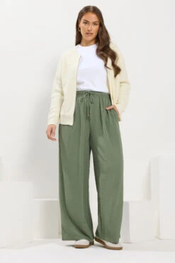 YOURS - Pantalon Wide Leg Vert Kaki En Sergé à Poches