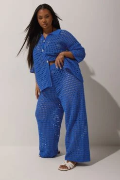 LIMITED COLLECTION - Pantalon Wide Leg Bleu Roi En Maille à Crochet
