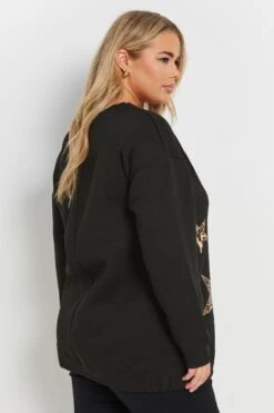 YOURS - Sweatshirt Noir Étoiles Sequins Léopard Manches Longues -Evans Boutique 6d8dab43 4736 4c 303833 C