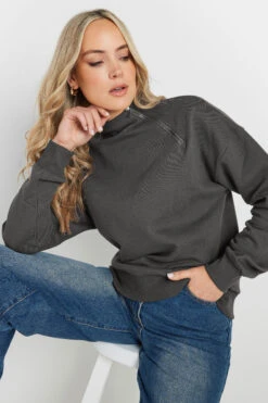LTS Tall Charcoal Grey High Zip Neck Sweatshirt -Evans Boutique 6e5c6401 f79d 4c 355292 B