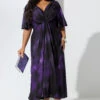 YOURS LONDON Curve Robe Longue Violette à Imprimé Abstrait Et Nœud Sur Le Devant