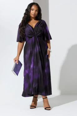 YOURS LONDON Curve Robe Longue Violette à Imprimé Abstrait Et Nœud Sur Le Devant