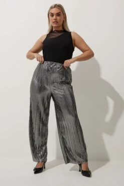 LIMITED COLLECTION - Pantalon Métallique Plissé Argenté Coupe Wide Leg