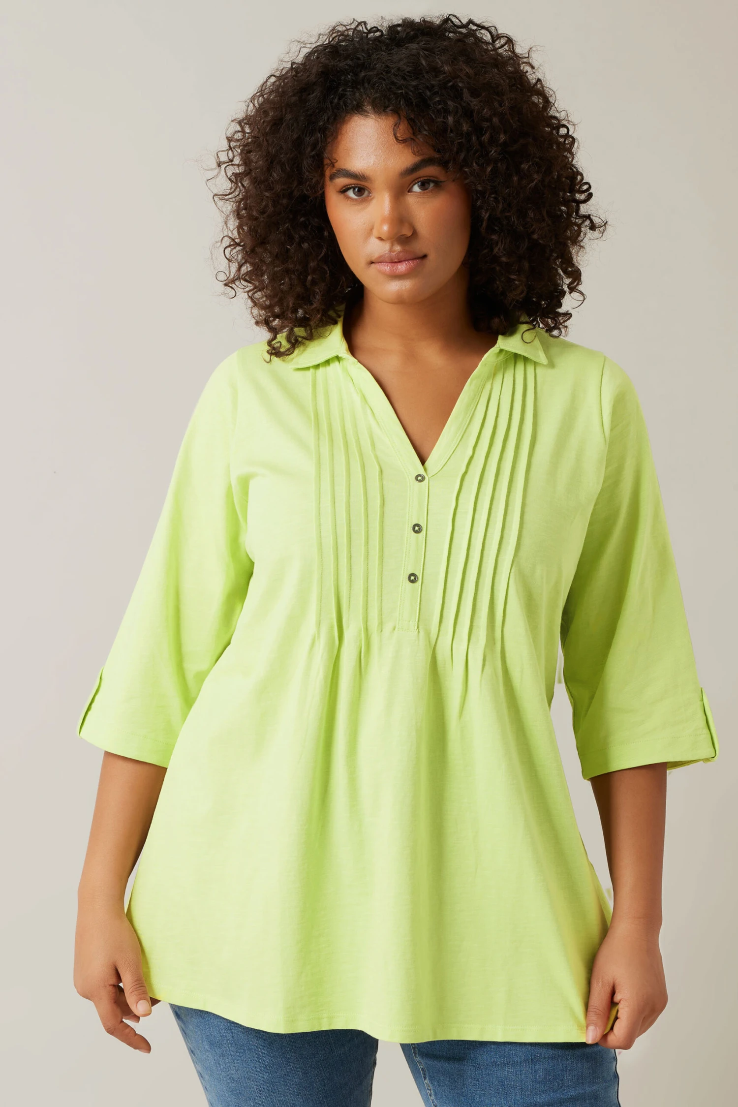 EVANS Curve Chartreuse Green Pintuck Henley Top 3 EVANS Curve Chartreuse Green Pintuck Henley Top