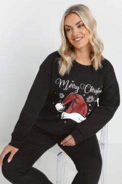 YOURS Curve Sweat-shirt Noir « Joyeux Noël » Avec Bonnet De Père Noël