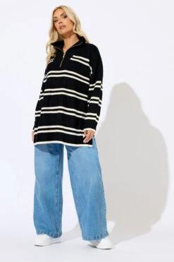 YOURS - Pull Noir à Rayures Et Fermeture éclair Quart De Tour -Evans Boutique 711470d1 c173 45 280634 B