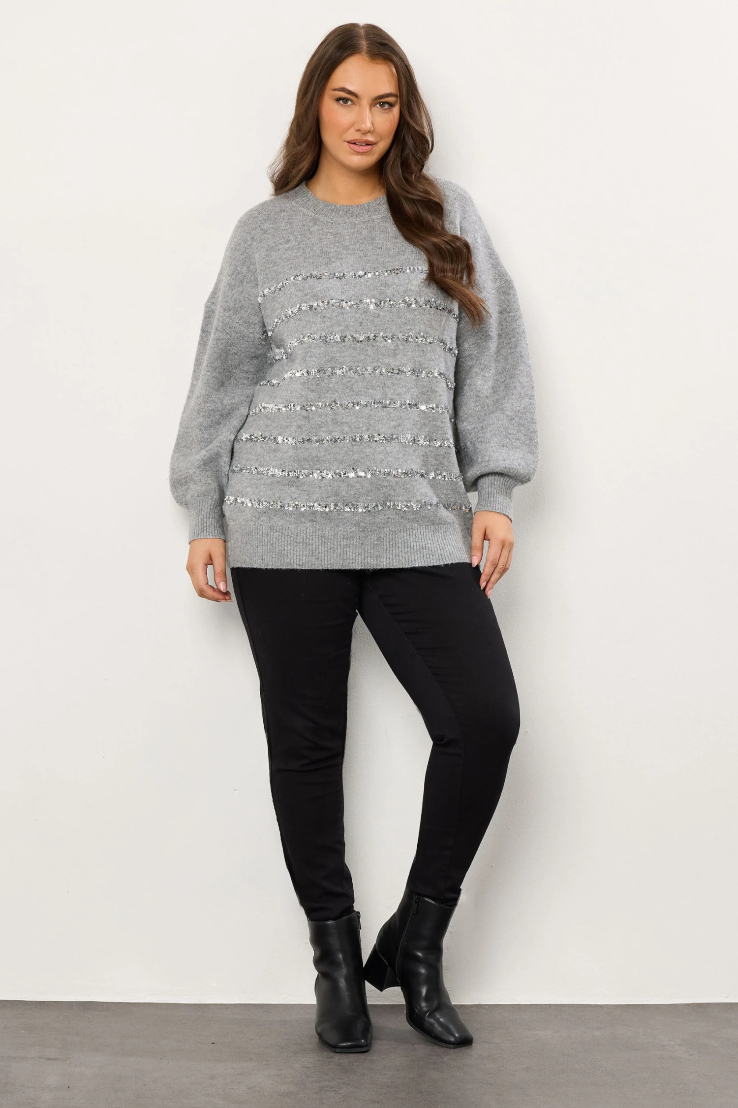 EVANS Curve Grey Sequin Embellished Stripe Jumper 4 EVANS Curve Grey Sequin Embellished Stripe Jumper – Image 2