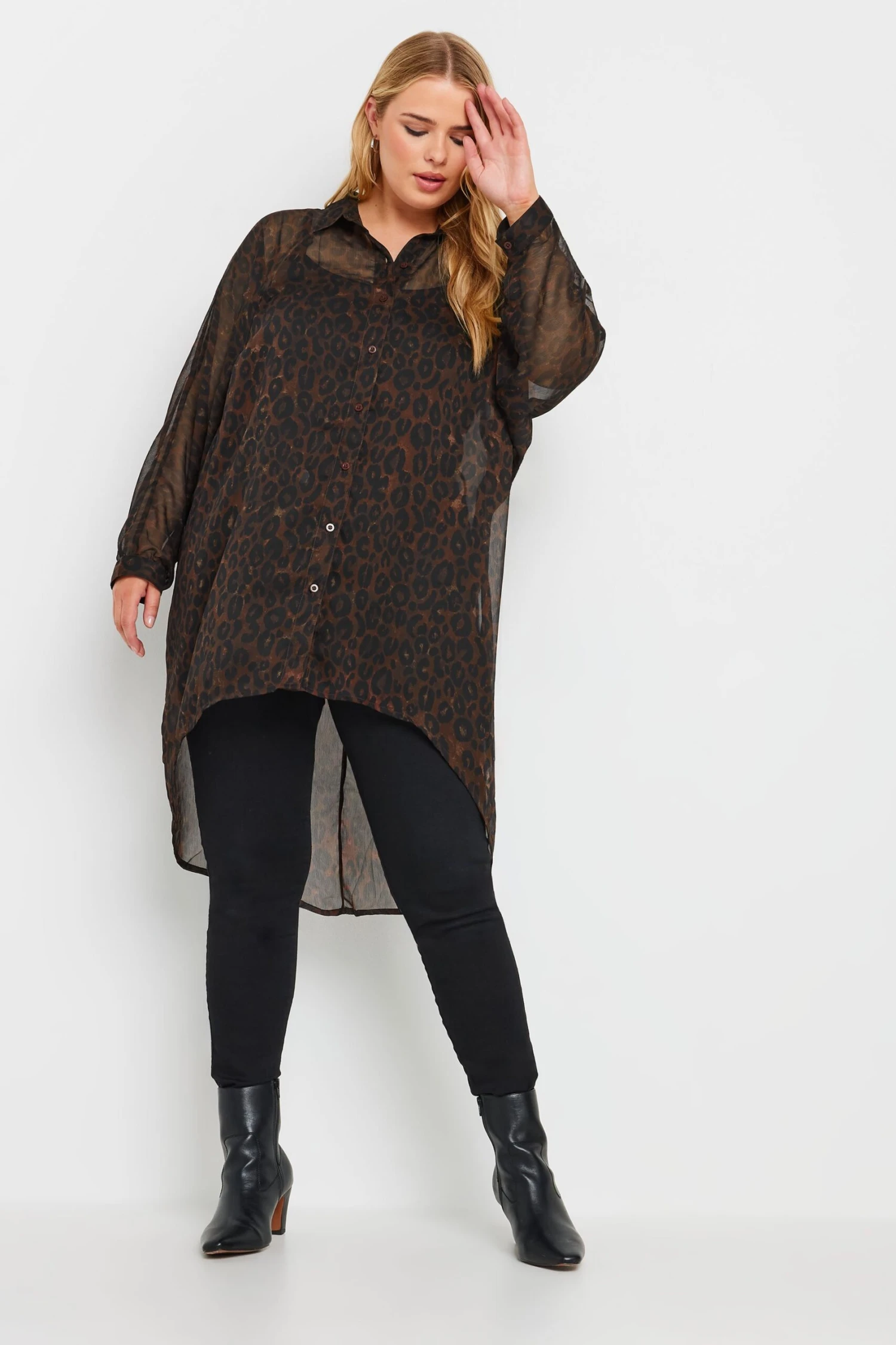 YOURS - Chemisier Marron Long En Filet Design Léopard 5 YOURS - Chemisier Marron Long En Filet Design Léopard – Image 3