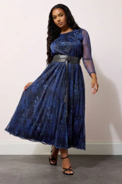 YOURS LONDON - Robe Maxi Bleue Nuit Animal Ceinture à La Taille