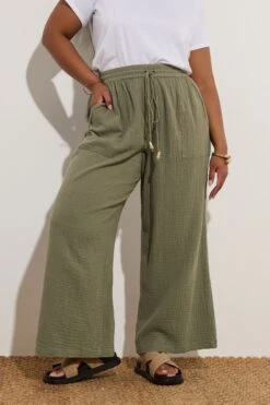 YOURS - Pantalon Wide Leg Vert Kaki Plissé à Poches