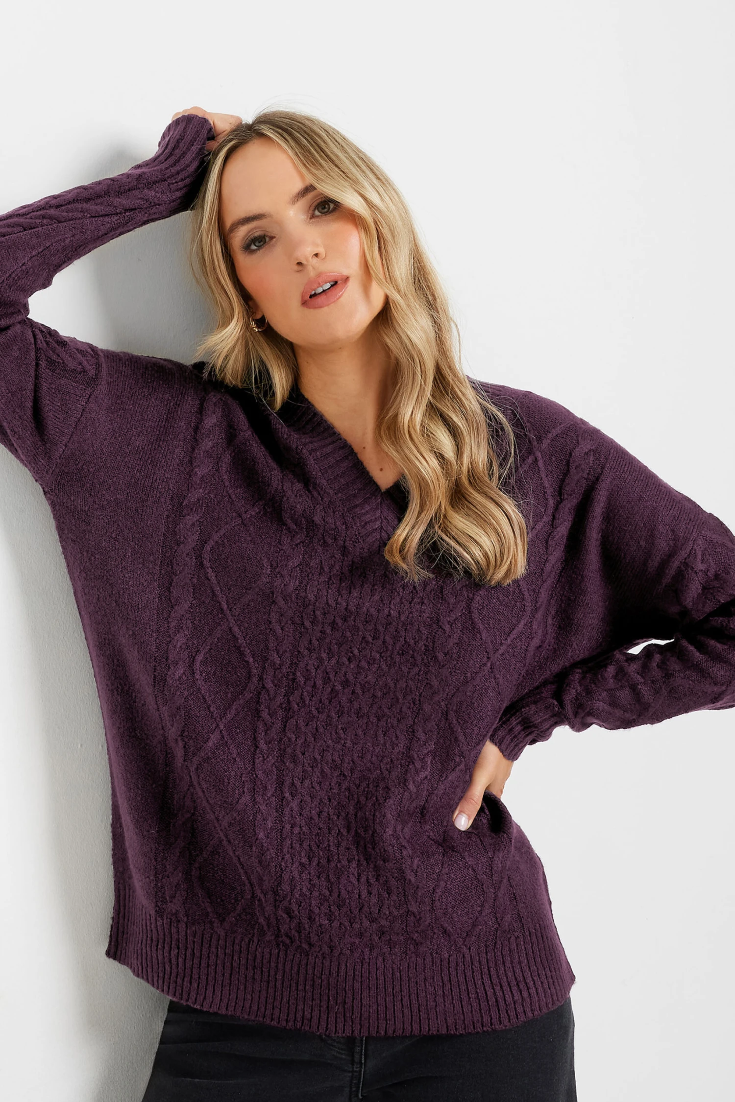 LTS Tall Dark Purple Cable Knit V-Neck Jumper 4 LTS Tall Dark Purple Cable Knit V-Neck Jumper – Image 2