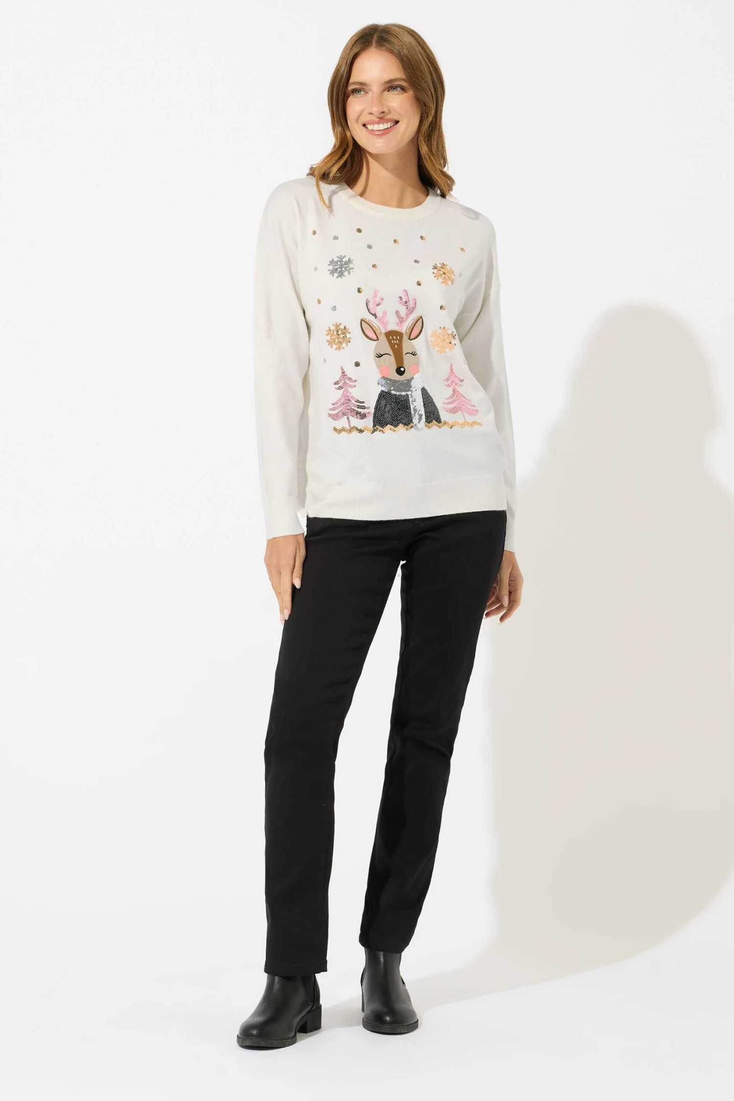 M&Co Ivory White Sequin Reindeer Christmas Jumper 5 M&Co Ivory White Sequin Reindeer Christmas Jumper – Image 3