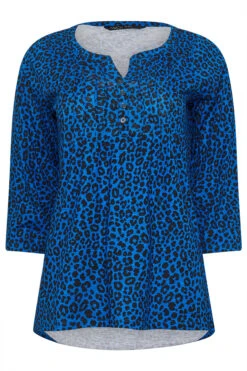 M&Co Cobalt Blue Leopard Print Cotton Henley Top 11 M&Co Cobalt Blue Leopard Print Cotton Henley Top -Evans Boutique 754b3adb b6da 41 501841 X