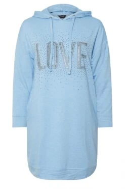 YOURS - Robe-Pull Bleue Ciel à Capuche Strass 'Love' -Evans Boutique 7666eb3f 7166 4c 302216 X