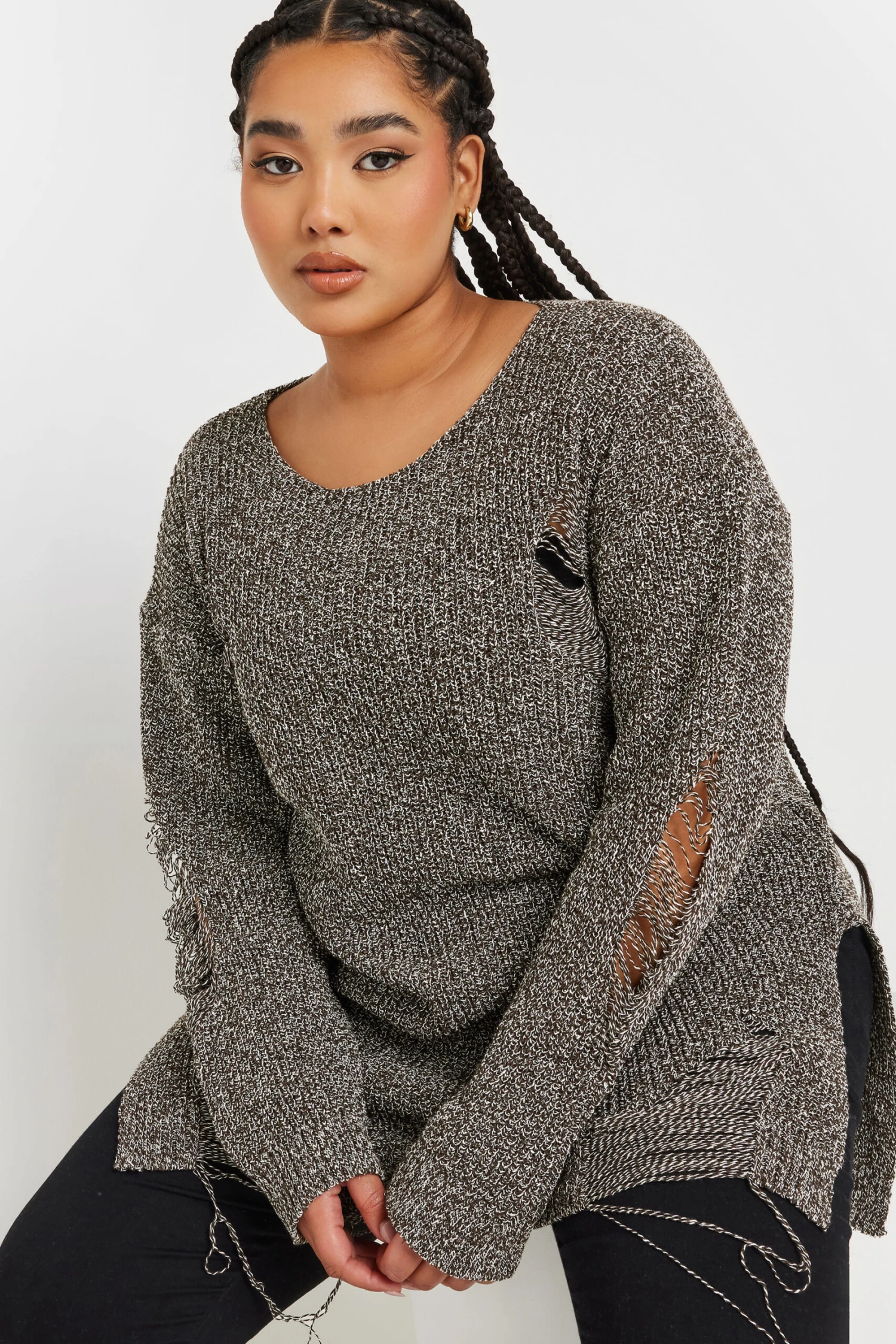 YOURS - Pull Grisé Déchiré En Maille Manches Longues 6 YOURS - Pull Grisé Déchiré En Maille Manches Longues – Image 4