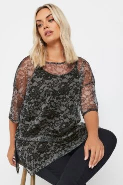YOURS - Top Oversize En Filet Noir & Gris Design Floral