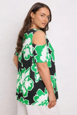 EVANS Curve Green Abstract Floral Cold Shoulder Top -Evans Boutique 77841e1a 747a 4d 615404 C