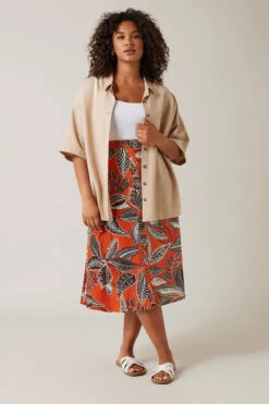 EVANS Curve Rust Orange Leaf Print Linen Midi Skirt -Evans Boutique 7803908c 23b0 41 615495 B
