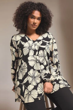 EVANS Curve Black Contrast Floral Jersey Crepe Top