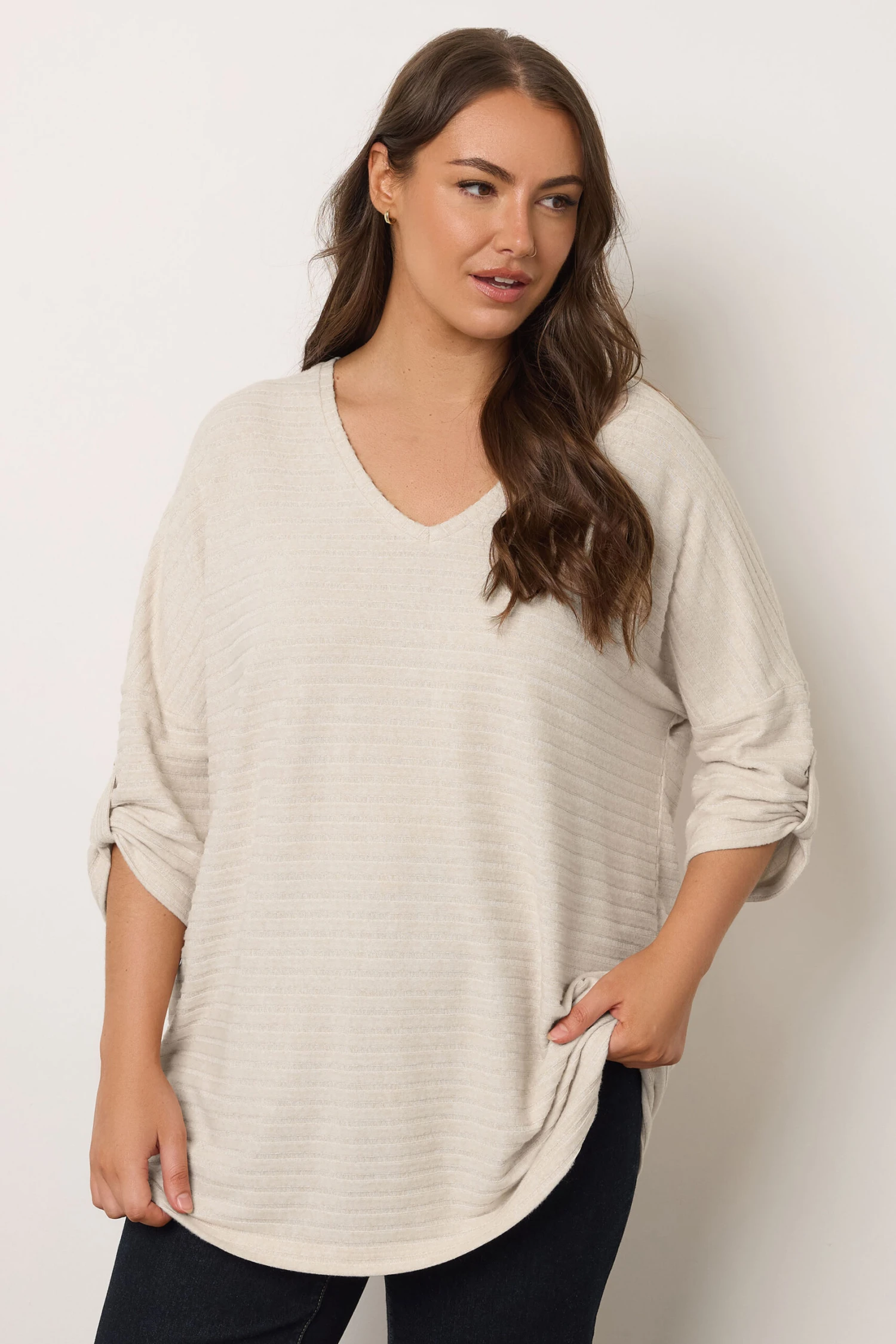 EVANS Curve Cream Tab Sleeve Ribbed Jumper 3 EVANS Curve Cream Tab Sleeve Ribbed Jumper