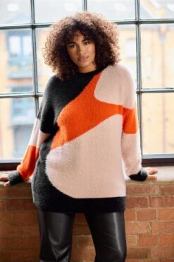 EVANS Curve Orange Colourblock Fluffy Knitted Jumper