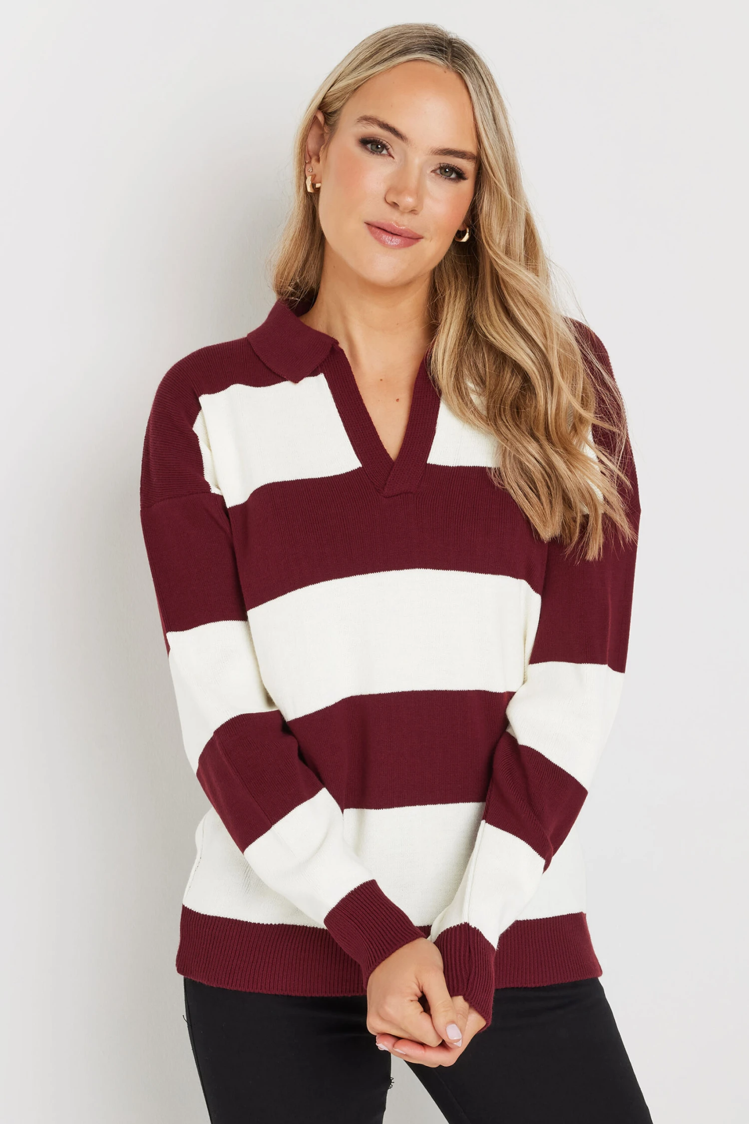 LTS Tall Burgundy Red Knitted Stripe Collared Jumper 3 LTS Tall Burgundy Red Knitted Stripe Collared Jumper